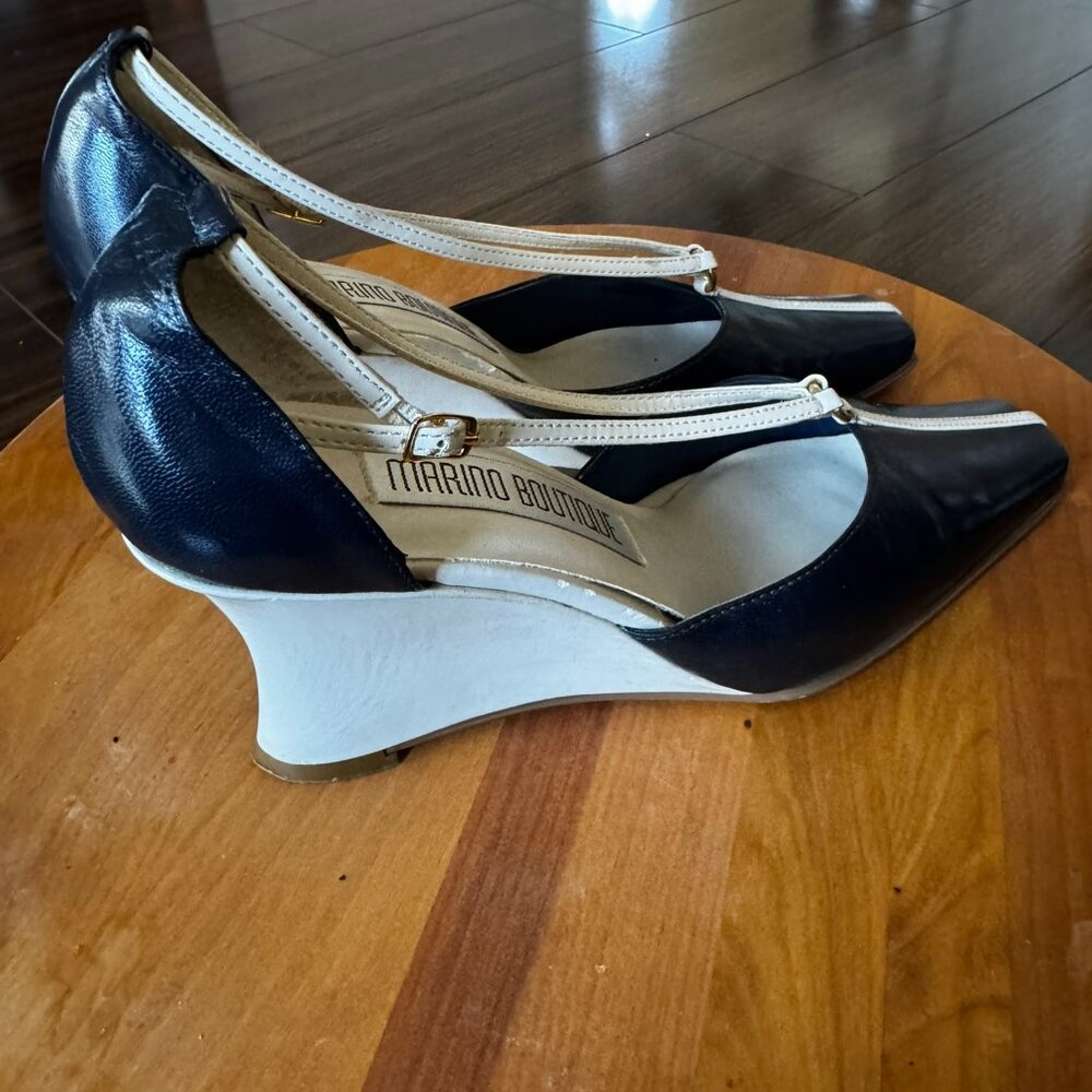 Strappy Blue & Cream Leather Wedge Heels -- Women’s 6.5 -- Nautical Preppy - Picture 6 of 10